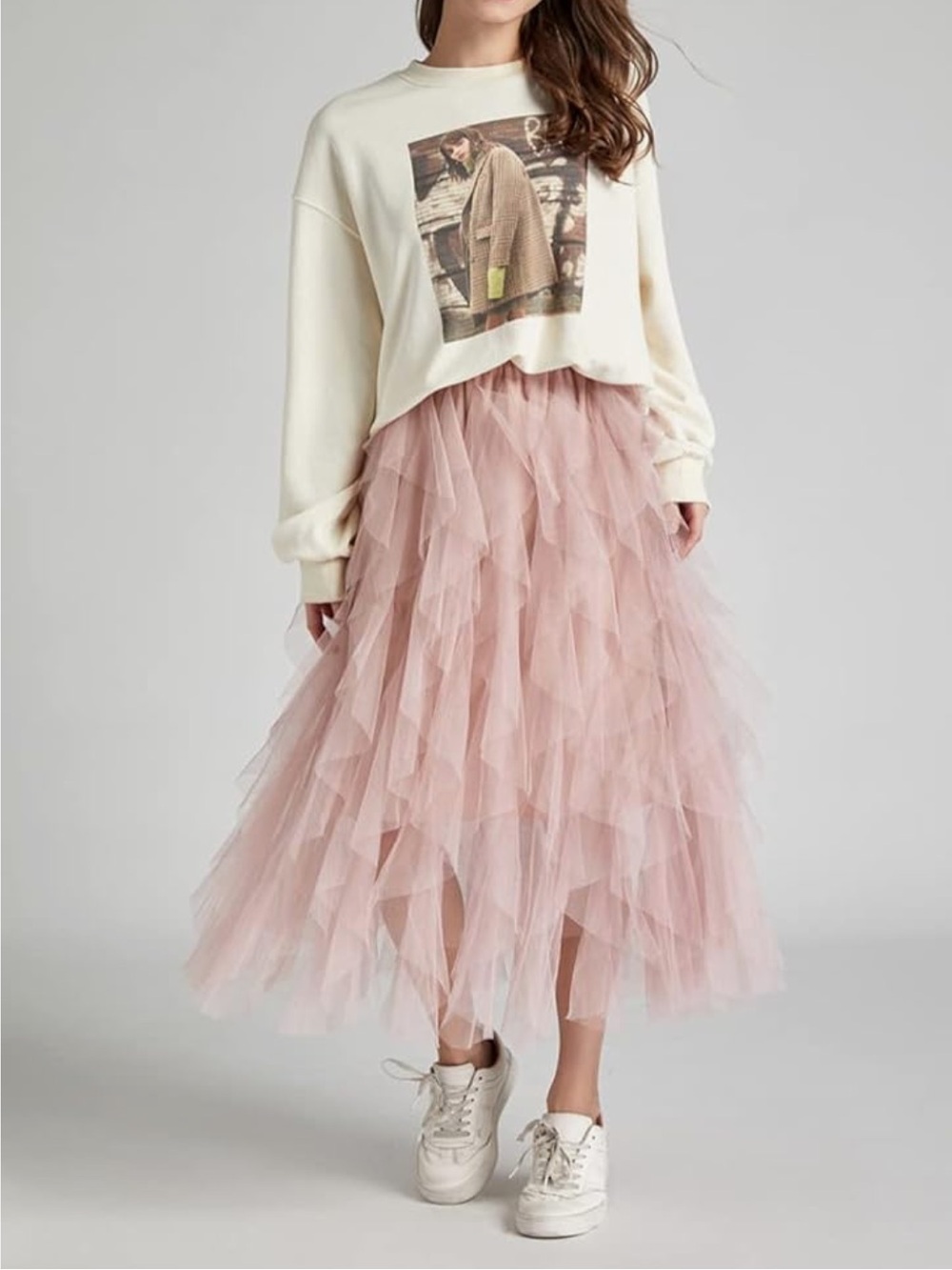 Layered Pink Tulle Midi Skirt with Elastic Waist
